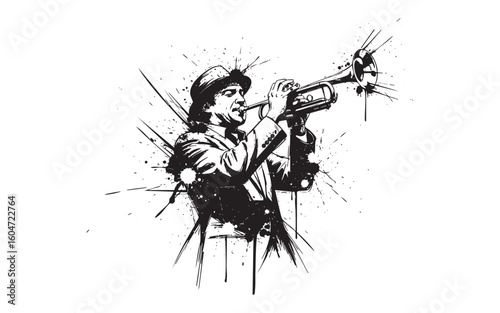 trumpet player musician abstract sketch engraving vector illustration