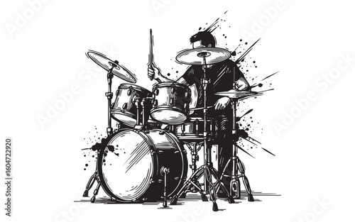drum player musician abstract sketch engraving vector illustration