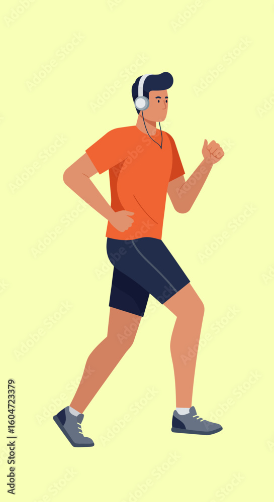 Man Running with Headphones Orange Shirt and Dark Blue Shorts. Man Running with Headphones Orange Shirt and Dark Blue Shorts.