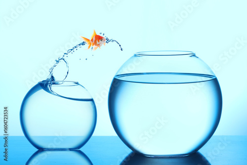 Canvastavla Goldfish jumping out of small glass bowl into bigger one against light blue back