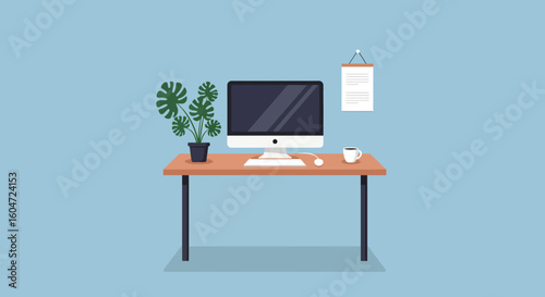 Minimalist workspace with computer monstera plant coffee cup and wall calendar.