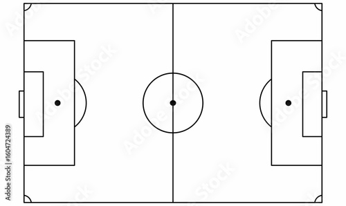 Vector outline, thin,line of a standard football or soccer field top view, including goals, penalty boxes, center circle. Perfect for infographics, sports strategy, and coaching visuals.