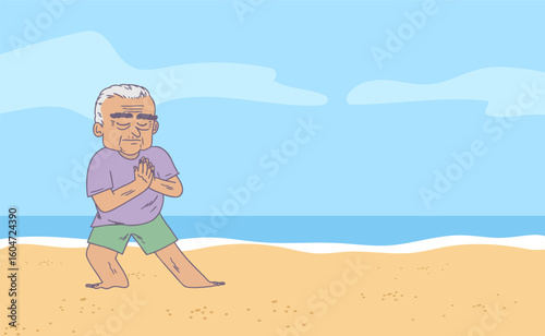 Elder senior man doing yoga and stretching in the beach, vector illustration