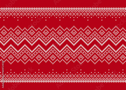 Red and white Christmas seamless ornament. Fair isle traditional holiday background. Xmas print border. Red knitted geometrical pattern. Festive sweater. Vector illustration.