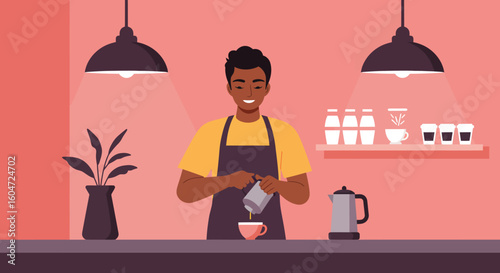 Smiling barista pouring milk into a cup in a cozy cafe setting.