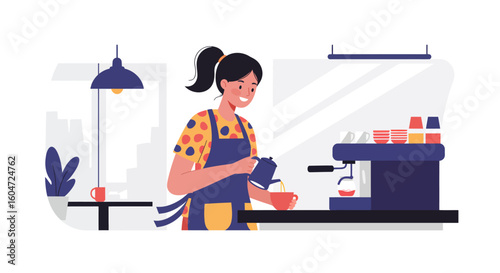 Smiling barista in polka dot shirt pouring coffee from a blue kettle.