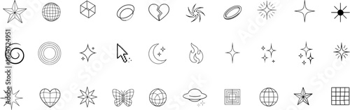 Symbolic Geometric Icon Collection — Featuring Stars, Moons, Hearts, Spirals, and more. Editable Stroke Icons with Outline Style for Digital and Print.