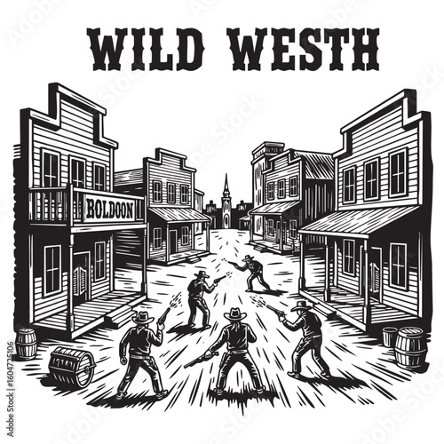 wild west scene cowboy engraving vector illustration