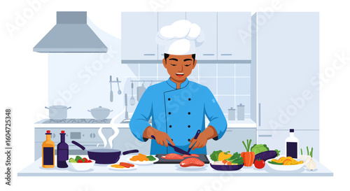Smiling chef in blue uniform slicing salmon fillets in a bright kitchen.