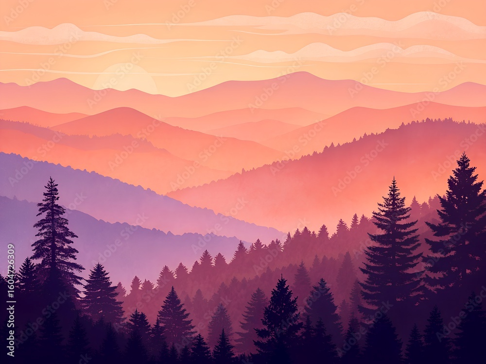Obraz premium Vibrant Sunset Mountain Gradient: Orange, Pink, Purple Forest Landscape, Peaceful Nature Scene