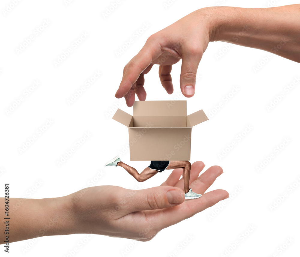 Obraz premium Man giving cardboard box with sportsman's legs to woman against white background, closeup. Parcel delivery