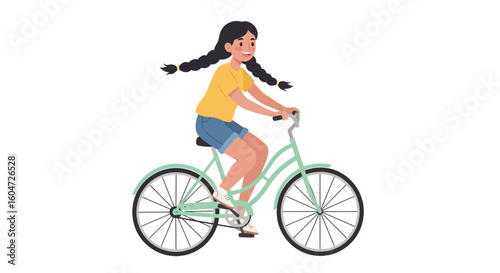 Smiling girl with braids riding a light green bicycle in casual attire.