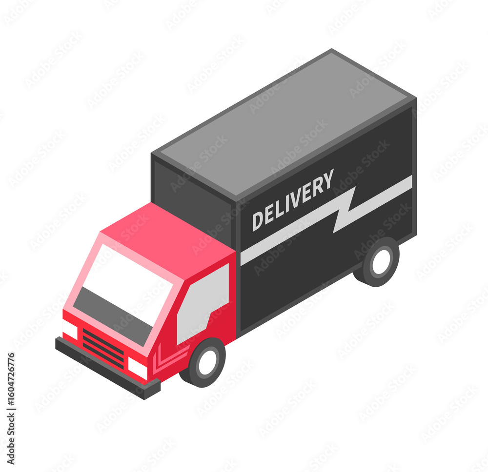 Isometric Illustration: Red Delivery Truck, Fast Shipping, Modern Design, Black Cargo Area Isometric Illustration: Red Delivery Truck, Fast Shipping, Modern Design, Black Cargo Area