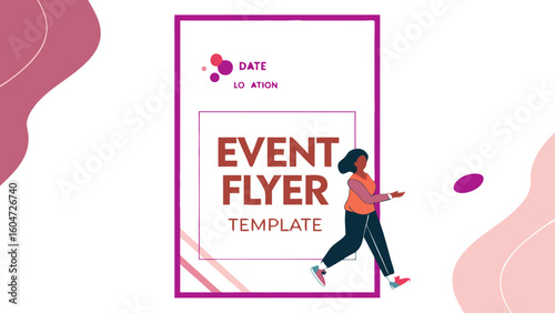 Illustration of event flyer template with woman throwing frisbee and abstract pink shapes on white background
