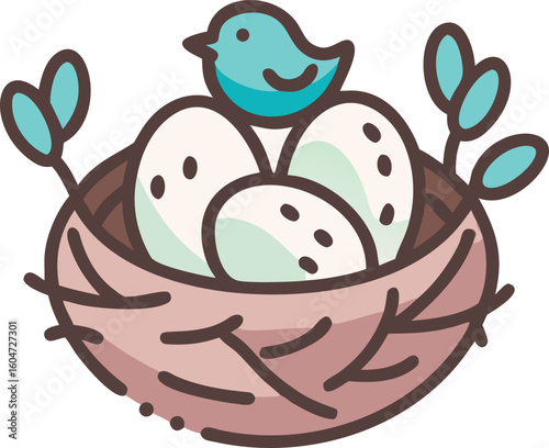 Blue bird on nest with eggs white