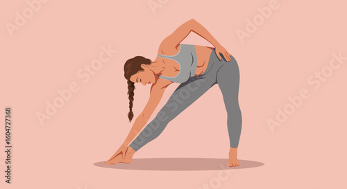 Woman in Triangle Pose with Braided Hair Reaching for Toes Focused Flexibility.