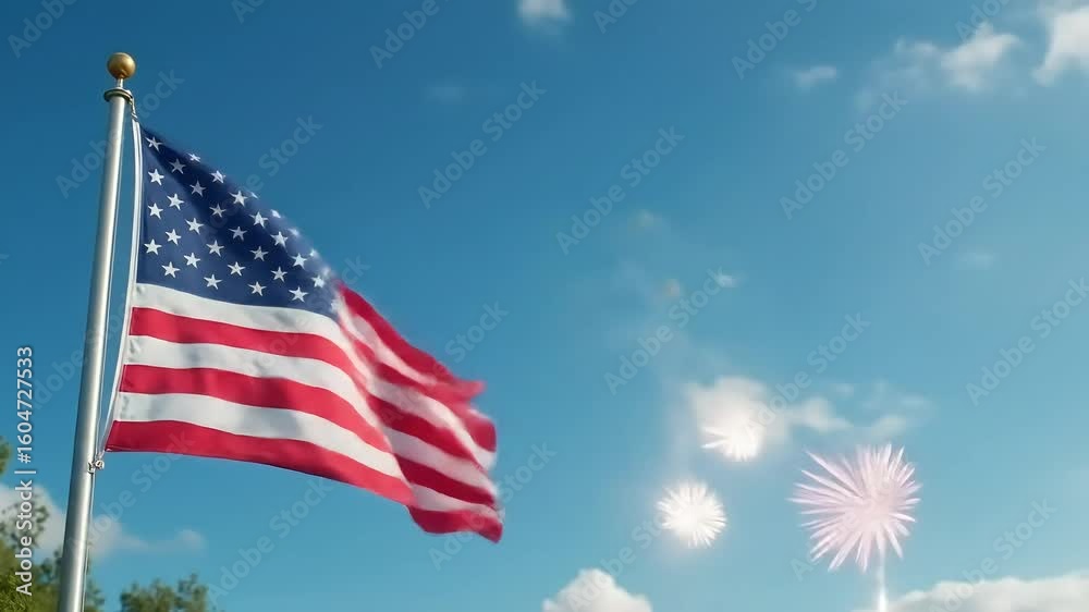 American Flag Waving with Fireworks Display on Bright Blue Sky Background American Flag Waving with Fireworks Display on Bright Blue Sky Background