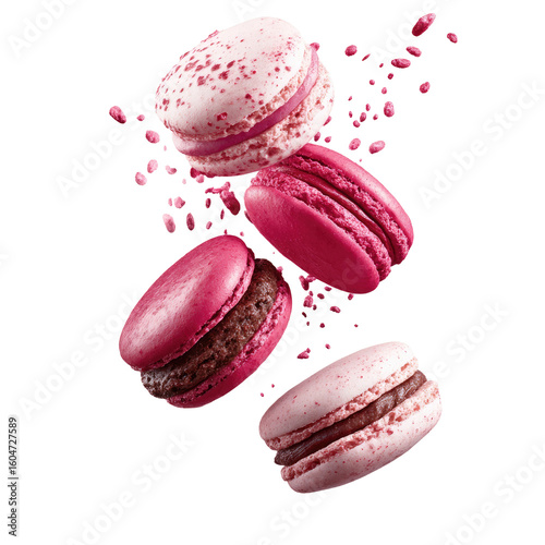 Pink and white macarons in mid-air,  explosion of crumbs