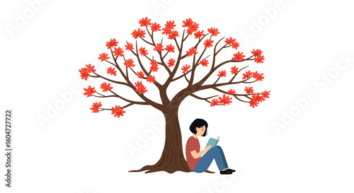 Woman reading a book under a tree with red flowers seated in a relaxed pose.