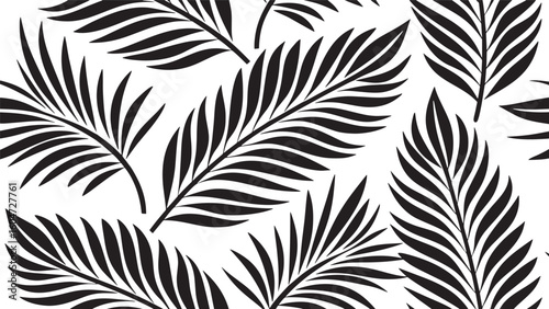 Stylized black palm fronds on white palm leaves tropical