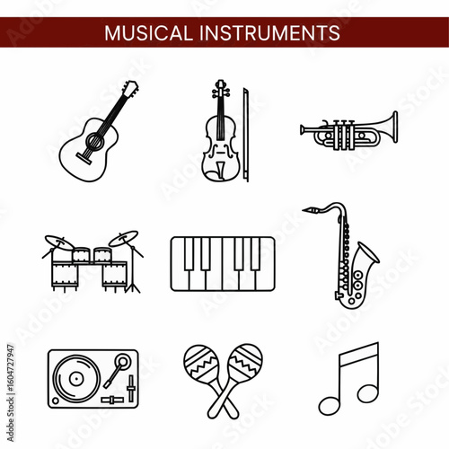 Collection of Line Art Musical Instrument Icons for Music Enthusiasts