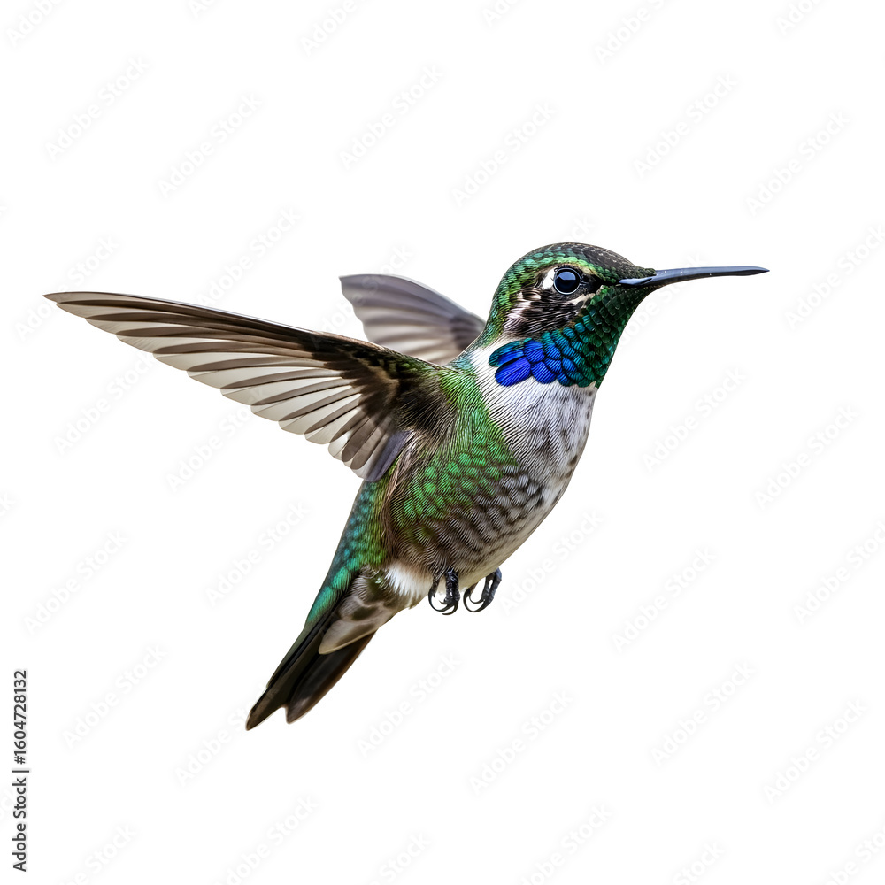 Fototapeta premium Flying Green and Blue Hummingbird in Flight.