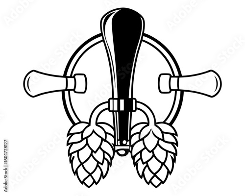 Beer tap and hops emblem silhouette