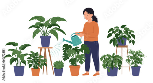 Woman watering potted plants including monstera fern succulent and broadleaf varieties.