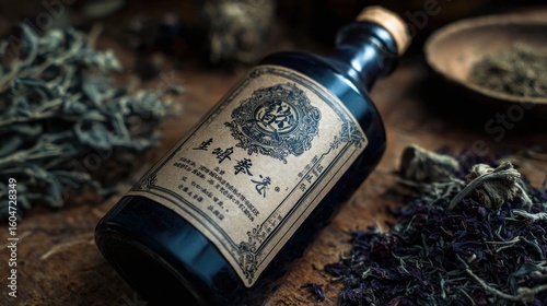 Dark bottle of herbal medicine with dried herbs