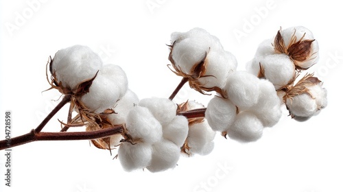 A close-up image of a cotton plant branch with fluffy white cotton bolls against a white background.