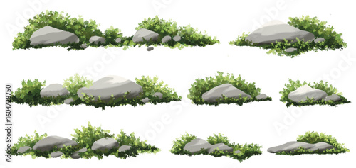  Vector watercolor green  tree with rock or forest side view isolated on white background for landscape and architecture drawing,elements for environment or and garden,Shrub for section 