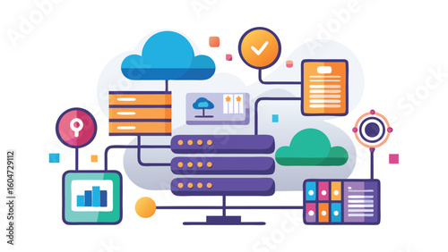 Blue green orange purple cloud server database network diagram cloud computing server rack