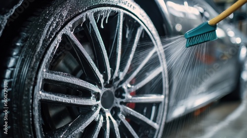 A close-up image of a car wheel being cleaned with a brush and water spray, showcasing shiny alloy rims and soap suds.