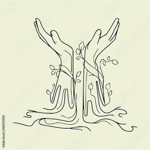 Two hands forming tree trunks with roots and vines with leaves against a light background design is simple