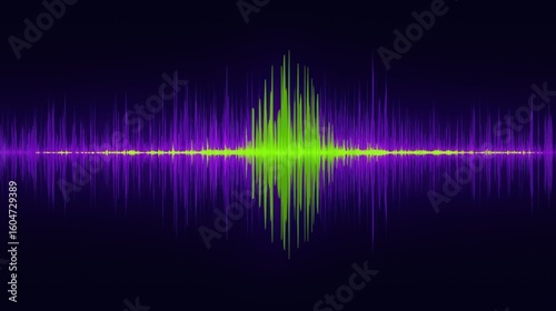 Soundwave pattern with vibrant green and purple colors on dark background, abstract audio waveform design showing dynamic energy and rhythm visually