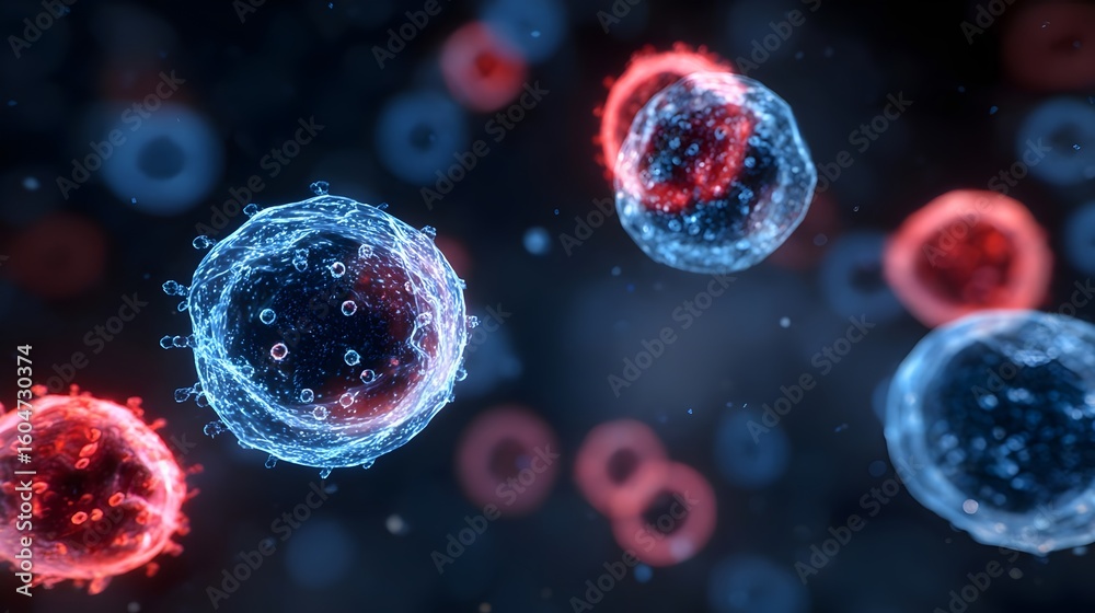 Naklejka premium Microscopic view of glowing virus cells and bacteria in blue and red on a dark scientific background. Concept : Microbiology, infection, disease research, scientific study, pathogens.