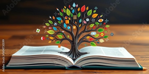 Paper art book tree sprouting from open book, pencils, science symbols,   research,  cut paper