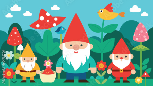 Cute garden gnomes and woodland creatures fantasy nature