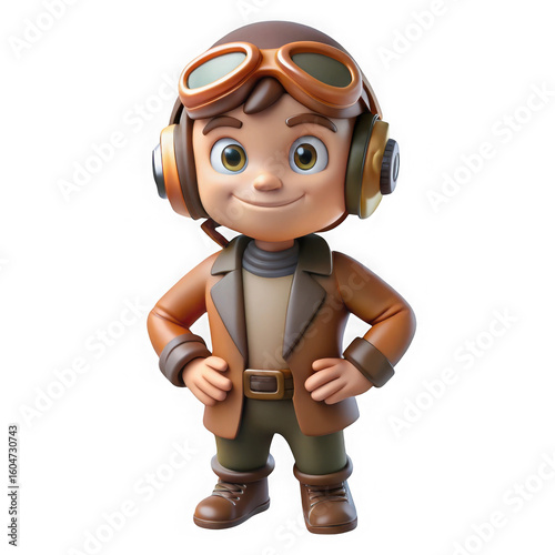 Cute cartoon boy pilot wearing goggles and headphones isolated on transparent background