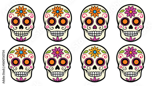 Eight distinct calavera catrina sugar skull illustrations day of the dead