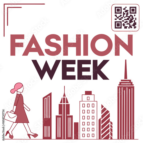 Fashion week poster featuring a woman walking in front of a cityscape and a qr code in the corner