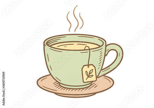 Hand Drawn Cartoon Tea Cup with Teabag and Steam