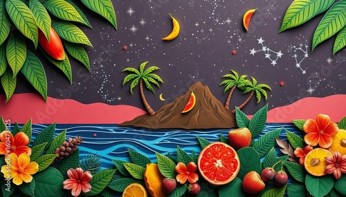 Layered paper cut, tropical fruits, lush foliage, island, starry night sky, fruit constellations,   bright,  galaxy