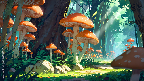 A vibrant, whimsical forest path filled with giant mushrooms.