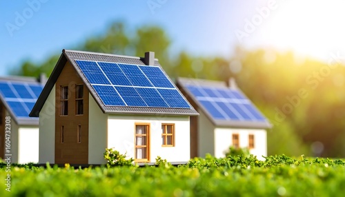 Wallpaper Mural Miniature houses with solar panels in a grassy field under a sunny sky Torontodigital.ca