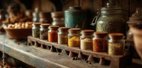 Fototapeta Naklejka Na Ścianę i Meble -  Vintage spice rack in local bakery kitchen