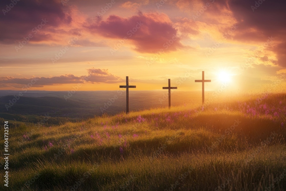 Obraz premium Three Crosses crosses landscape sunset.