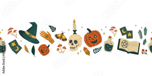 Magical Halloween Seamless border with Spooky Elements. Halloween border with pumpkins, skulls, witch hat, potions, tarot cards,for party invitation, seasonal banner, greeting card, fall design.Vector