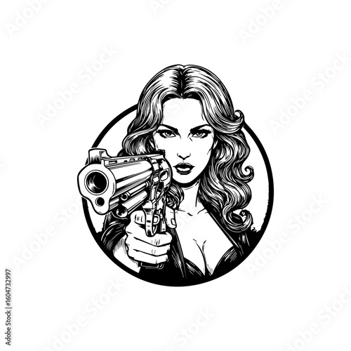 Fierce woman with wavy hair holding a revolver in a circle frame.