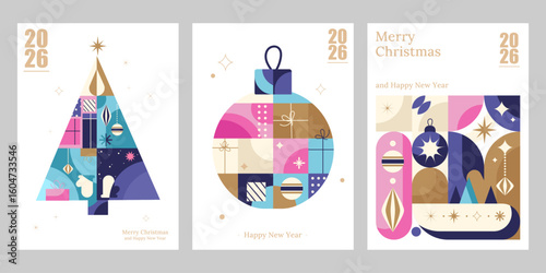 Modern 2026 Christmas and New Year Greeting Cards Set. 2026 Christmas and New Year greeting cards with geometric abstract elements, holiday marketing, print design, seasonal branding. Vector